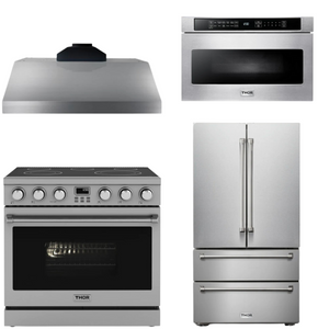 THOR Contemporary Package - 36" Electric Range, Range Hood, Refrigerator and Microwave, AP-ARE36-C64