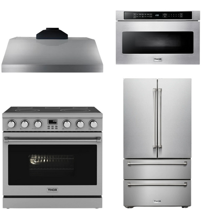 THOR Contemporary Package - 36" Electric Range, Range Hood, Refrigerator and Microwave, AP-ARE36-C64