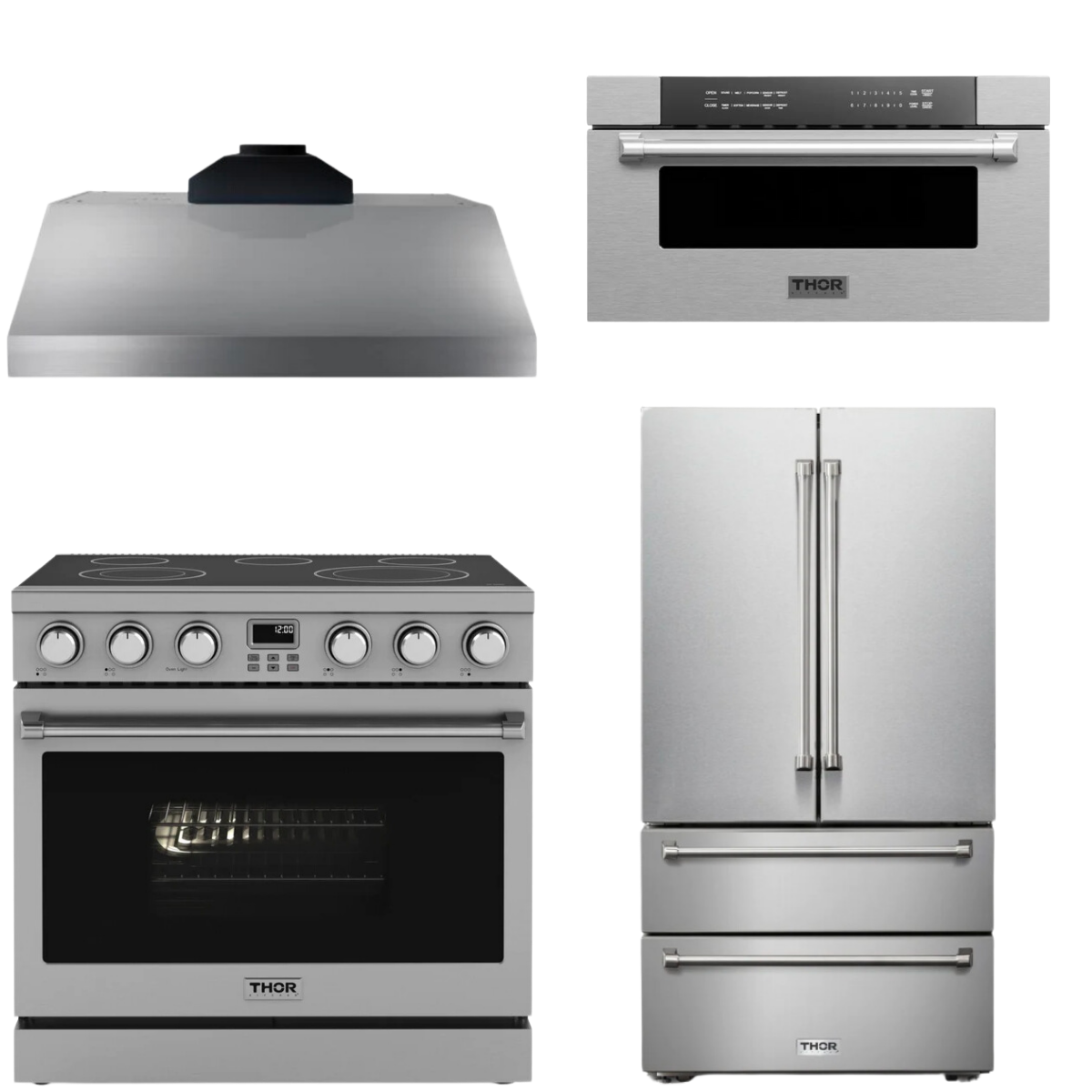 THOR Contemporary Package - 36" Electric Range, Range Hood, Refrigerator and Microwave, AP-ARE36-C65