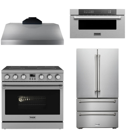 THOR Contemporary Package - 36" Electric Range, Range Hood, Refrigerator and Microwave, AP-ARE36-C65