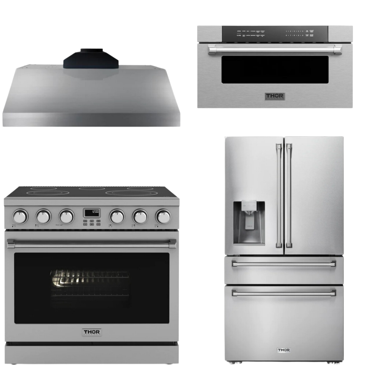 THOR Contemporary Package - 36" Electric Range, Range Hood, Refrigerator and Microwave, AP-ARE36-C67