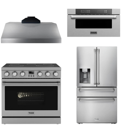 THOR Contemporary Package - 36" Electric Range, Range Hood, Refrigerator and Microwave, AP-ARE36-C67