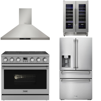 THOR Contemporary Package - 36" Electric Range, Range Hood, Refrigerator and Wine Cooler, AP-ARE36-C69