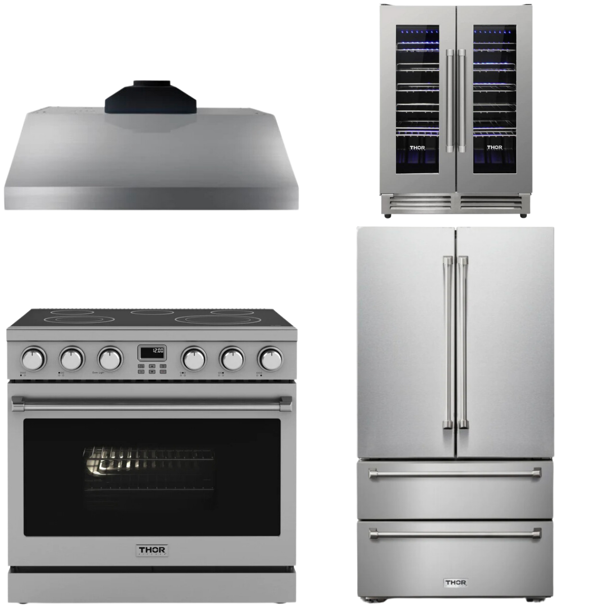 THOR Contemporary Package - 36" Electric Range, Range Hood, Refrigerator and Wine Cooler, AP-ARE36-C70