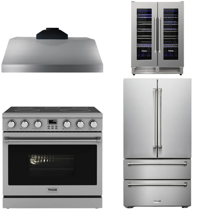 THOR Contemporary Package - 36" Electric Range, Range Hood, Refrigerator and Wine Cooler, AP-ARE36-C70