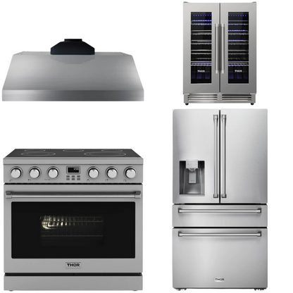 THOR Contemporary Package - 36" Electric Range, Range Hood, Refrigerator and Wine Cooler, AP-ARE36-C71