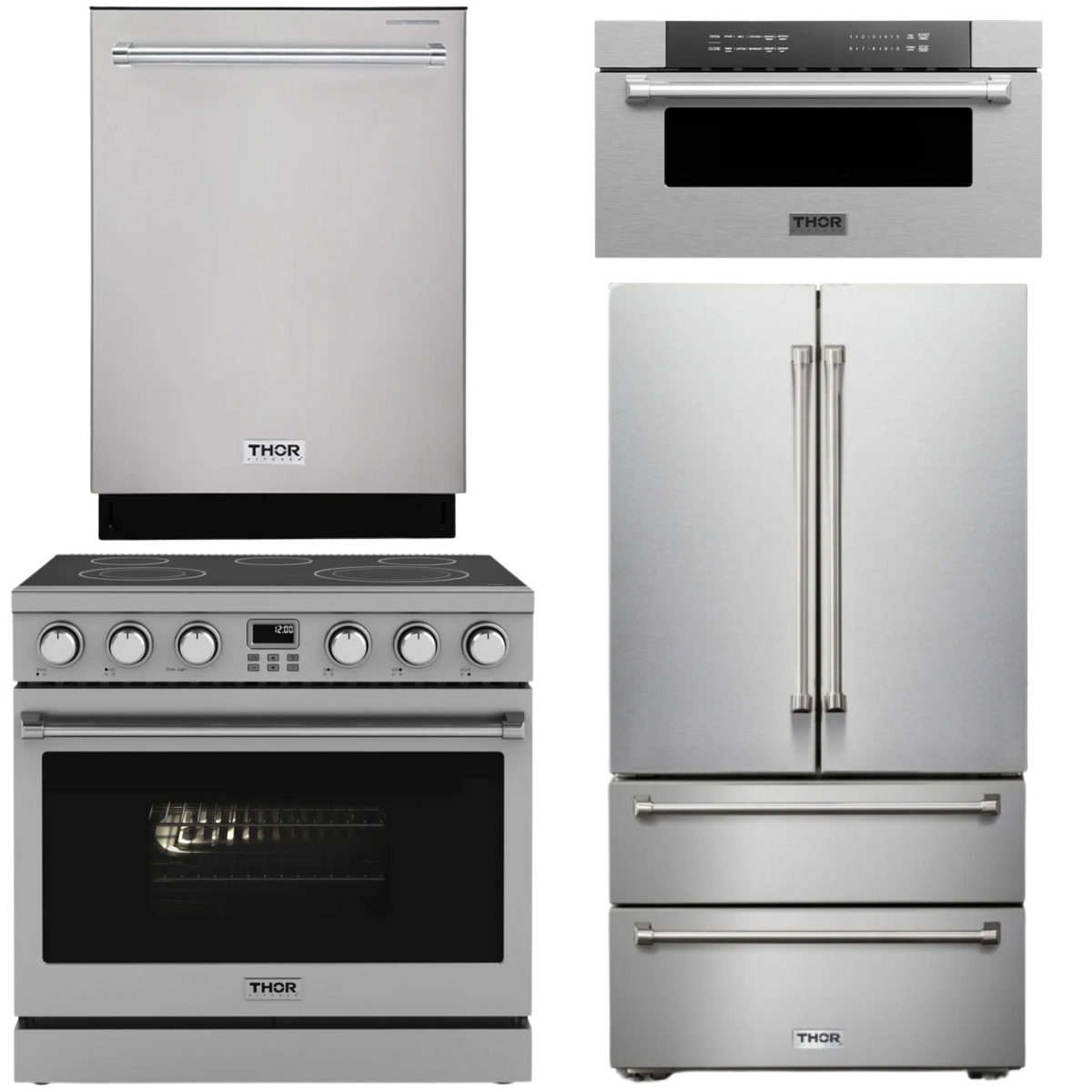 THOR Contemporary Package - 36" Electric Range, Refrigerator, Dishwasher and Microwave, AP-ARE36-C75
