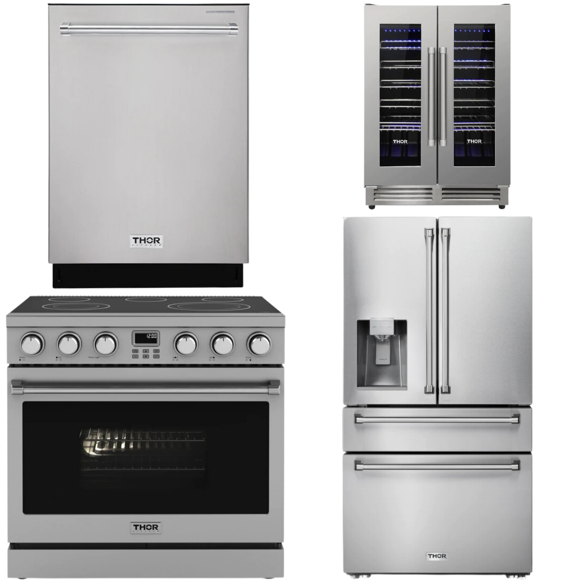 THOR Contemporary Package - 36" Electric Range, Refrigerator, Dishwasher and Wine Cooler, AP-ARE36-C82