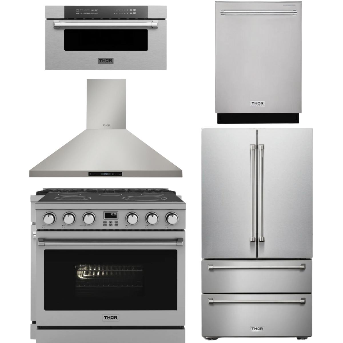 THOR Contemporary Package - 36" Electric Range, Range Hood, Refrigerator, Dishwasher and Microwave, AP-ARE36-C86