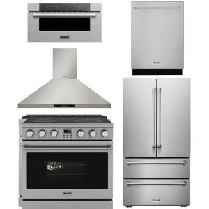 THOR Contemporary Package - 36" Electric Range, Range Hood, Refrigerator, Dishwasher and Microwave, AP-ARE36-C86