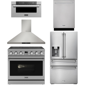 THOR Contemporary Package - 36" Electric Range, Range Hood, Refrigerator, Dishwasher and Microwave, AP-ARE36-C90