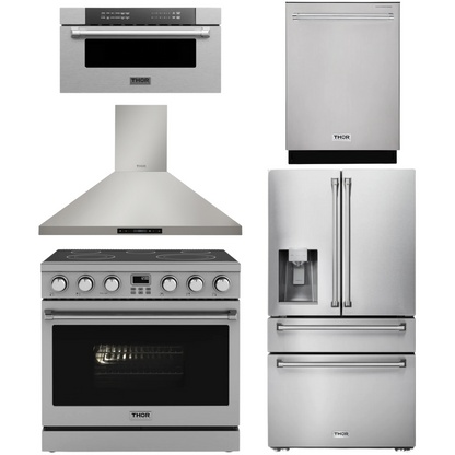 THOR Contemporary Package - 36" Electric Range, Range Hood, Refrigerator, Dishwasher and Microwave, AP-ARE36-C90