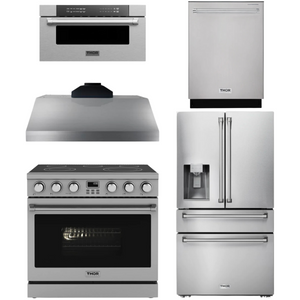THOR Contemporary Package - 36" Electric Range, Range Hood, Refrigerator, Dishwasher and Microwave, AP-ARE36-C98