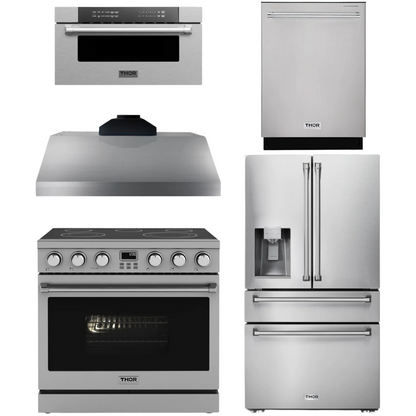 THOR Contemporary Package - 36" Electric Range, Range Hood, Refrigerator, Dishwasher and Microwave, AP-ARE36-C98