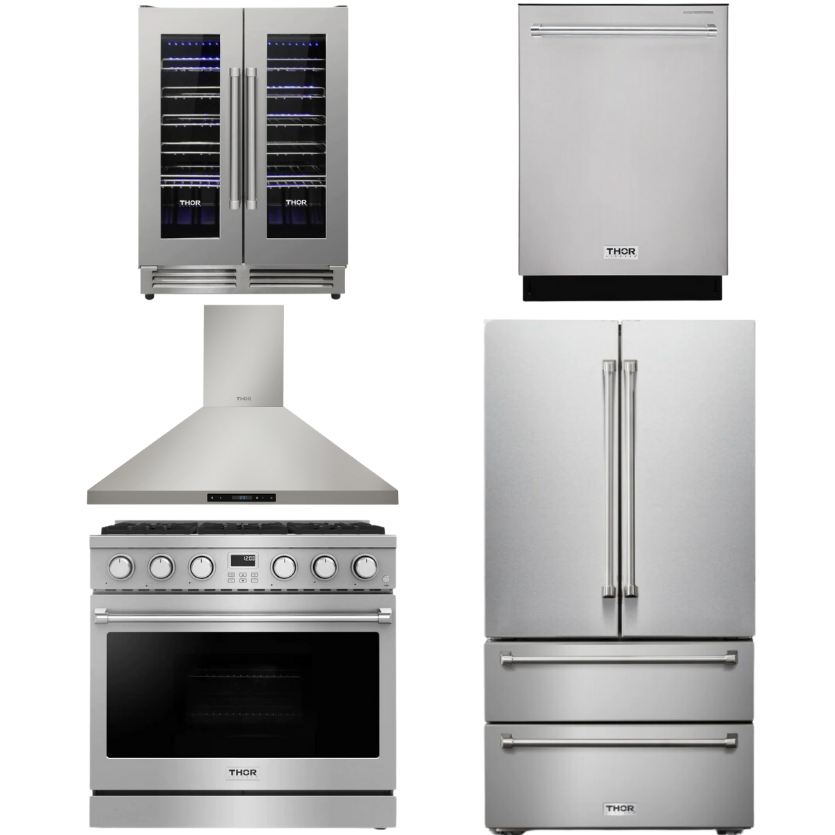 THOR Contemporary Package - 36" Gas Range, Range Hood, Refrigerator, Dishwasher and Wine Cooler, AP-ARG36-A100