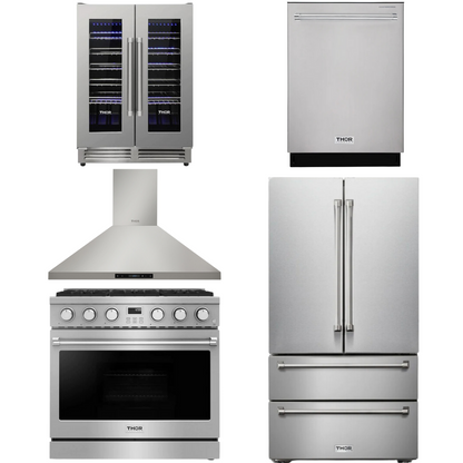 THOR Contemporary Package - 36" Gas Range, Range Hood, Refrigerator, Dishwasher and Wine Cooler, AP-ARG36-A100