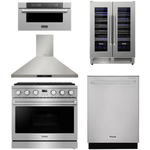 THOR Contemporary Package - 36" Gas Range, Range Hood, Dishwasher, Microwave and Wine Cooler, AP-ARG36-A110