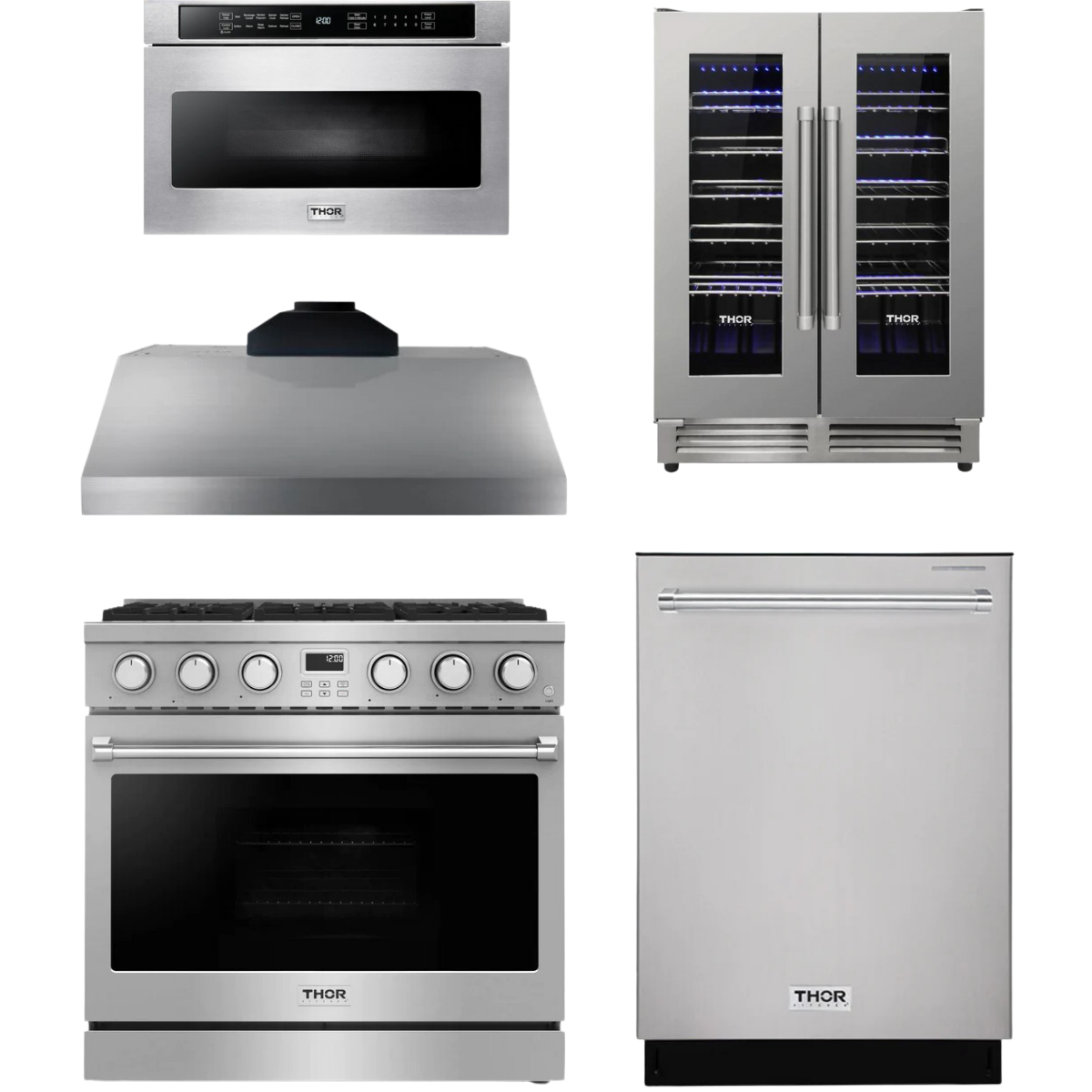 THOR Contemporary Package - 36" Gas Range, Range Hood, Dishwasher, Microwave and Wine Cooler, AP-ARG36-A113