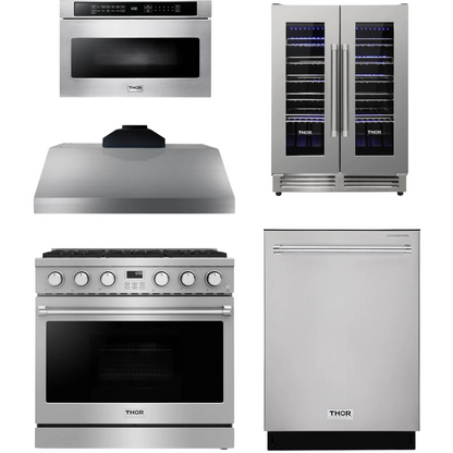 THOR Contemporary Package - 36" Gas Range, Range Hood, Dishwasher, Microwave and Wine Cooler, AP-ARG36-A113