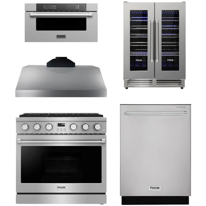 THOR Contemporary Package - 36" Gas Range, Range Hood, Dishwasher, Microwave and Wine Cooler, AP-ARG36-A114