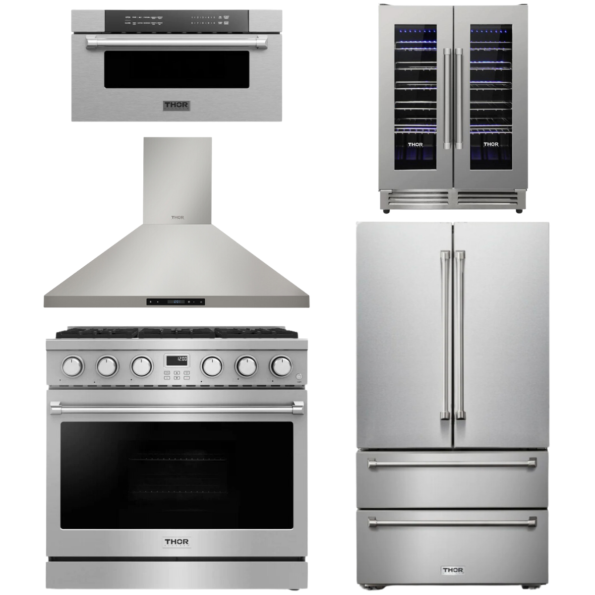 THOR Contemporary Package - 36" Gas Range, Range Hood, Refrigerator, Microwave and Wine Cooler, AP-ARG36-A116