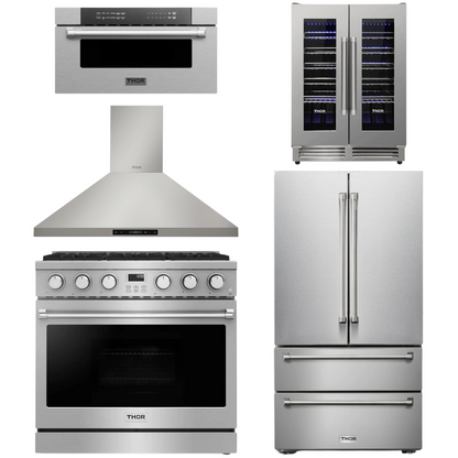 THOR Contemporary Package - 36" Gas Range, Range Hood, Refrigerator, Microwave and Wine Cooler, AP-ARG36-A116