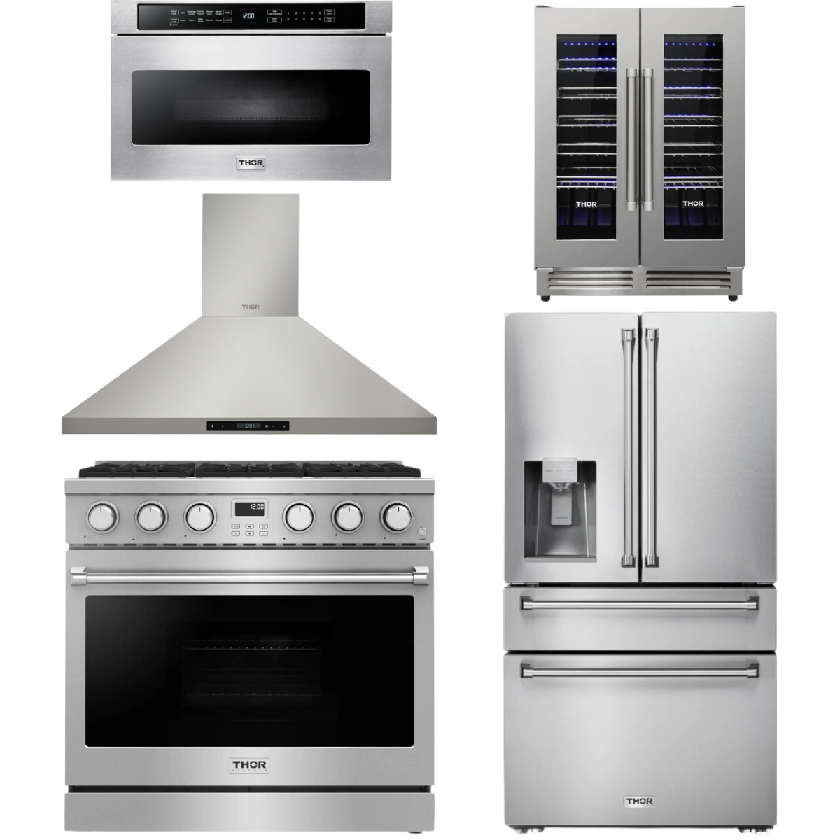 THOR Contemporary Package - 36" Gas Range, Range Hood, Refrigerator, Microwave and Wine Cooler, AP-ARG36-A117