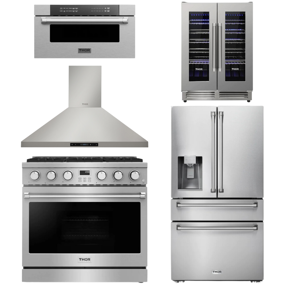 THOR Contemporary Package - 36" Gas Range, Range Hood, Refrigerator, Microwave and Wine Cooler, AP-ARG36-A118