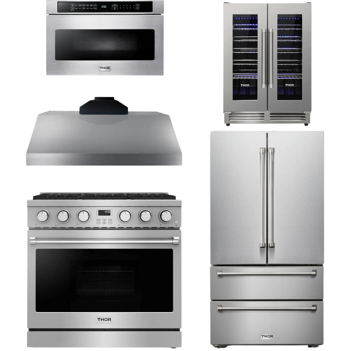 THOR Contemporary Package - 36" Gas Range, Range Hood, Refrigerator, Microwave and Wine Cooler, AP-ARG36-A119