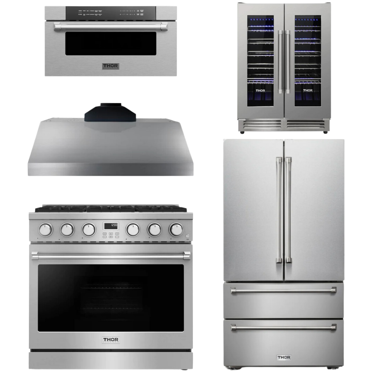 THOR Contemporary Package - 36" Gas Range, Range Hood, Refrigerator, Microwave and Wine Cooler, AP-ARG36-A120