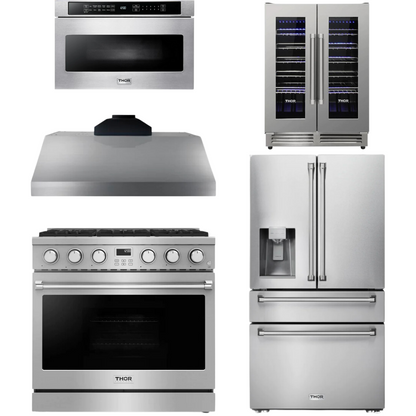 THOR Contemporary Package - 36" Gas Range, Range Hood, Refrigerator, Microwave and Wine Cooler, AP-ARG36-A121