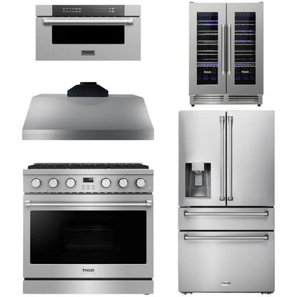 THOR Contemporary Package - 36" Gas Range, Range Hood, Refrigerator, Microwave and Wine Cooler, AP-ARG36-A122