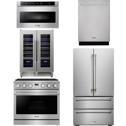 THOR Contemporary Package - 36" Gas Range, Refrigerator, Dishwasher, Microwave and Wine Cooler, AP-ARG36-A125