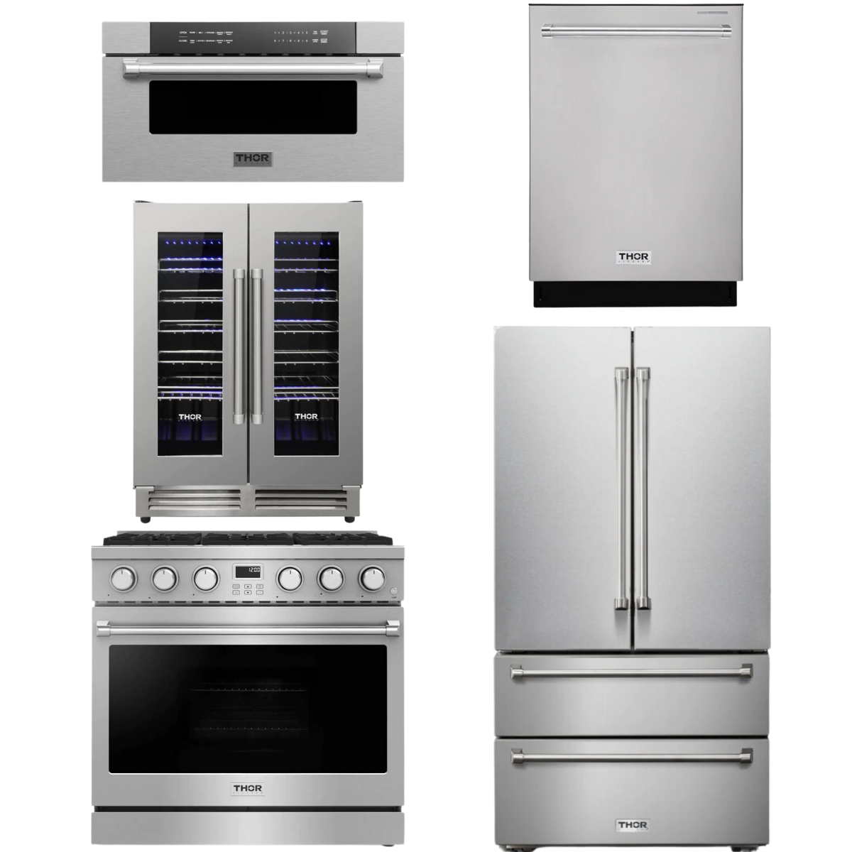 THOR Contemporary Package - 36" Gas Range, Refrigerator, Dishwasher, Microwave and Wine Cooler, AP-ARG36-A126