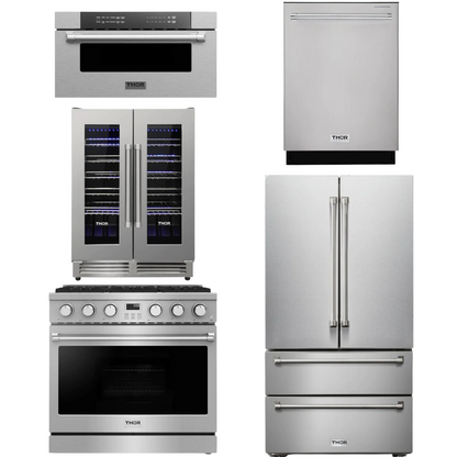 THOR Contemporary Package - 36" Gas Range, Refrigerator, Dishwasher, Microwave and Wine Cooler, AP-ARG36-A126