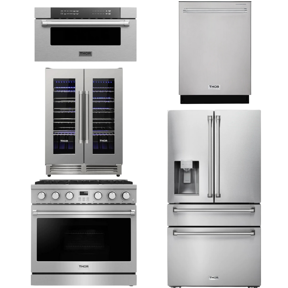 THOR Contemporary Package - 36" Gas Range, Refrigerator, Dishwasher, Microwave and Wine Cooler, AP-ARG36-A130