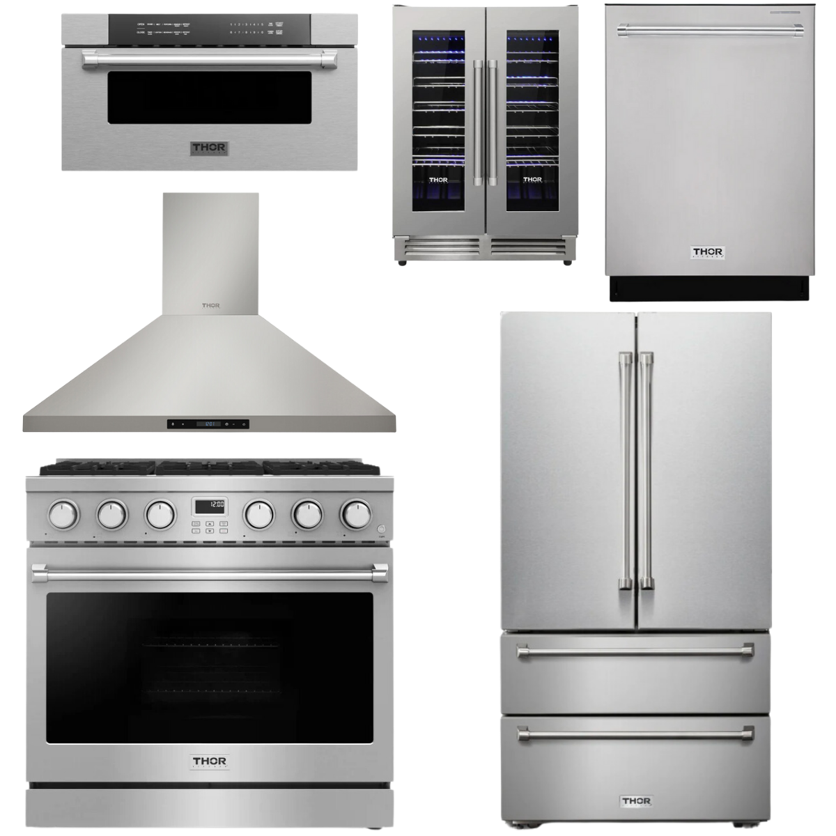 THOR Contemporary Package - 36" Gas Range, Range Hood, Refrigerator, Dishwasher, Microwave and Wine Cooler, AP-ARG36-A134
