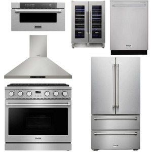 THOR Contemporary Package - 36" Gas Range, Range Hood, Refrigerator, Dishwasher, Microwave and Wine Cooler, AP-ARG36-A134