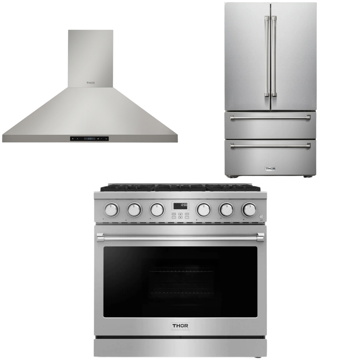 THOR Contemporary Package - 36" Gas Range, Range Hood and Refrigerator, AP-ARG36-A14