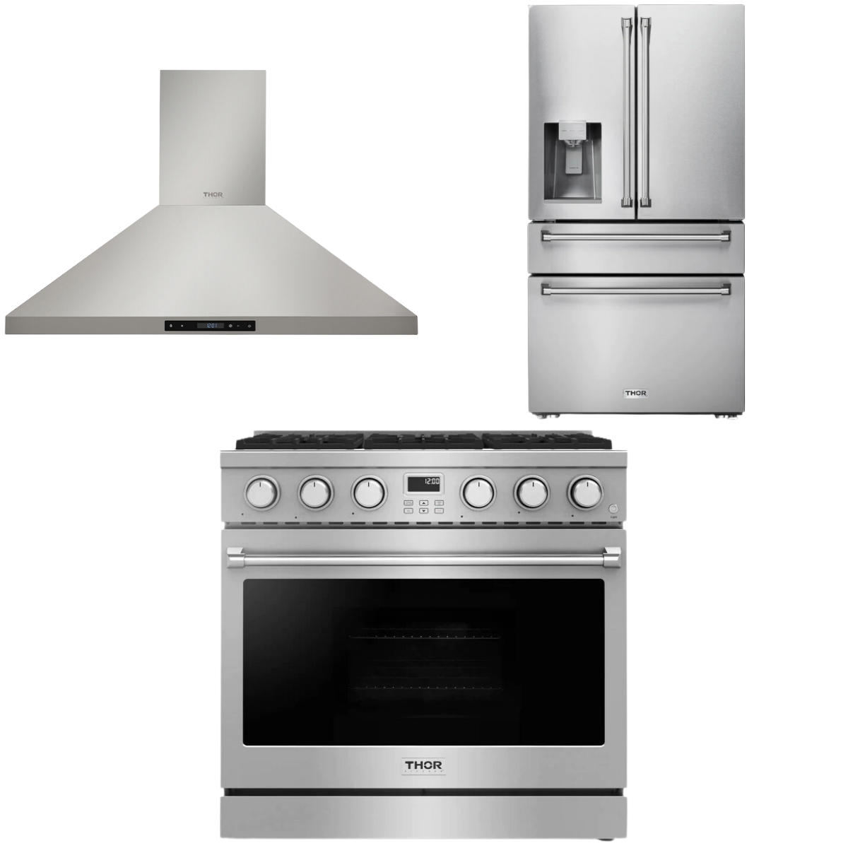 THOR Contemporary Package - 36" Gas Range, Range Hood and Refrigerator, AP-ARG36-A15