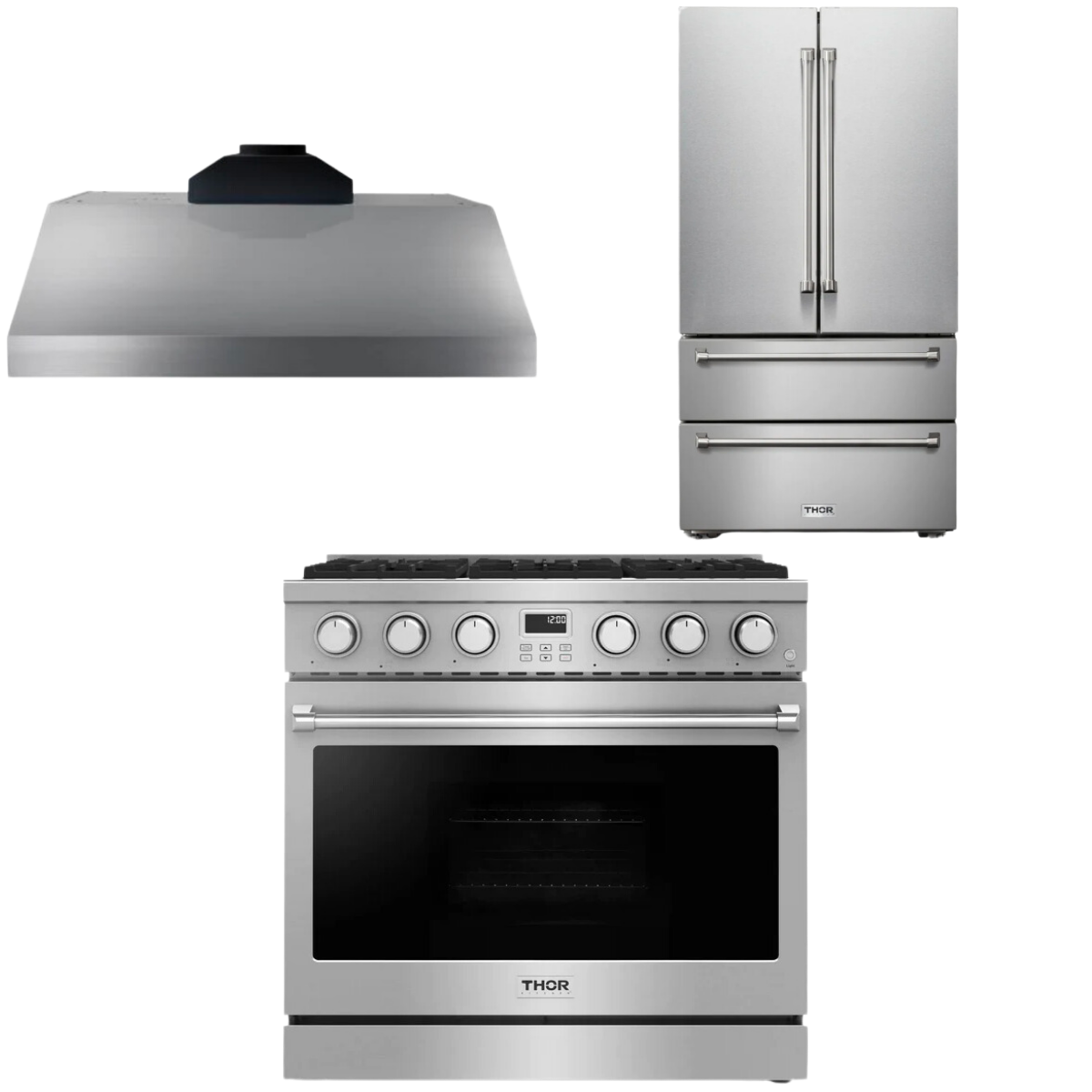 THOR Contemporary Package - 36" Gas Range, Range Hood and Refrigerator, AP-ARG36-A16