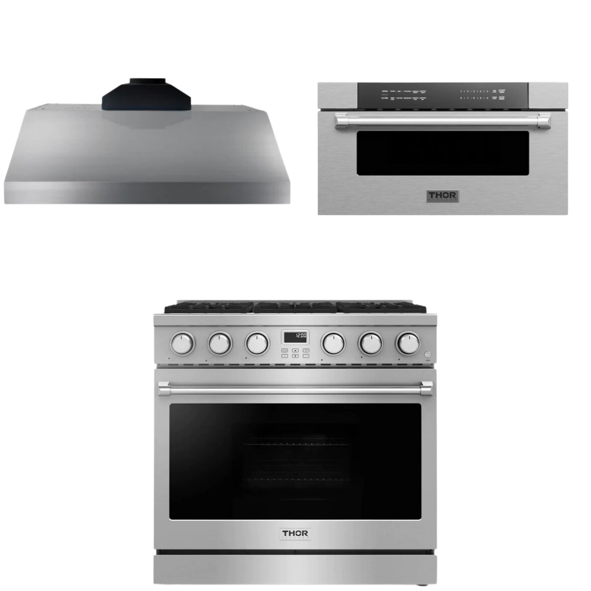 THOR Contemporary Package - 36" Gas Range, Range Hood and Microwave, AP-ARG36-A21
