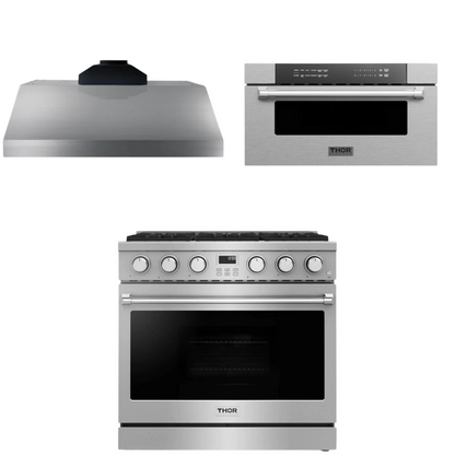 THOR Contemporary Package - 36" Gas Range, Range Hood and Microwave, AP-ARG36-A21