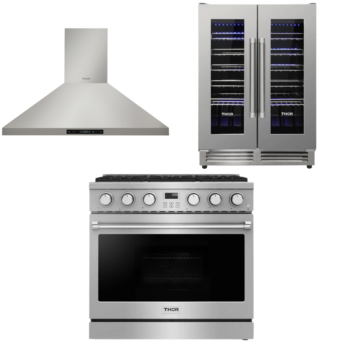 THOR Contemporary Package - 36" Gas Range, Range Hood and Wine Cooler, AP-ARG36-A22