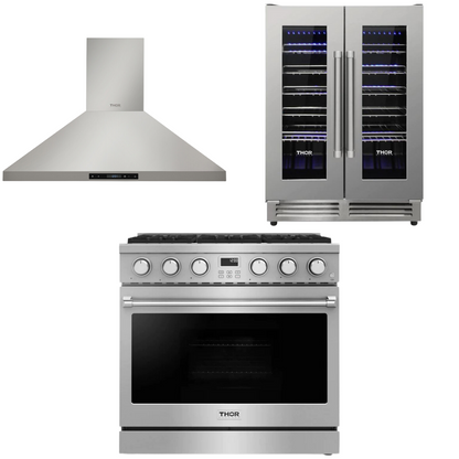 THOR Contemporary Package - 36" Gas Range, Range Hood and Wine Cooler, AP-ARG36-A22