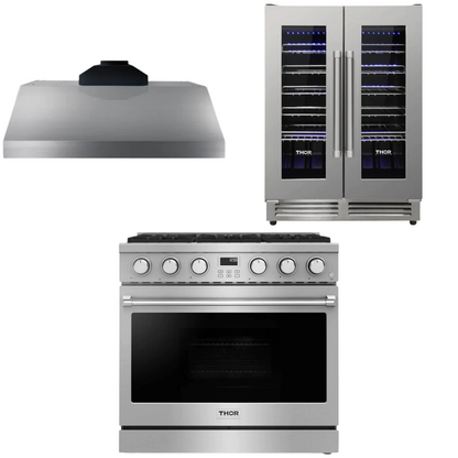 THOR Contemporary Package - 36" Gas Range, Range Hood and Wine Cooler, AP-ARG36-A23