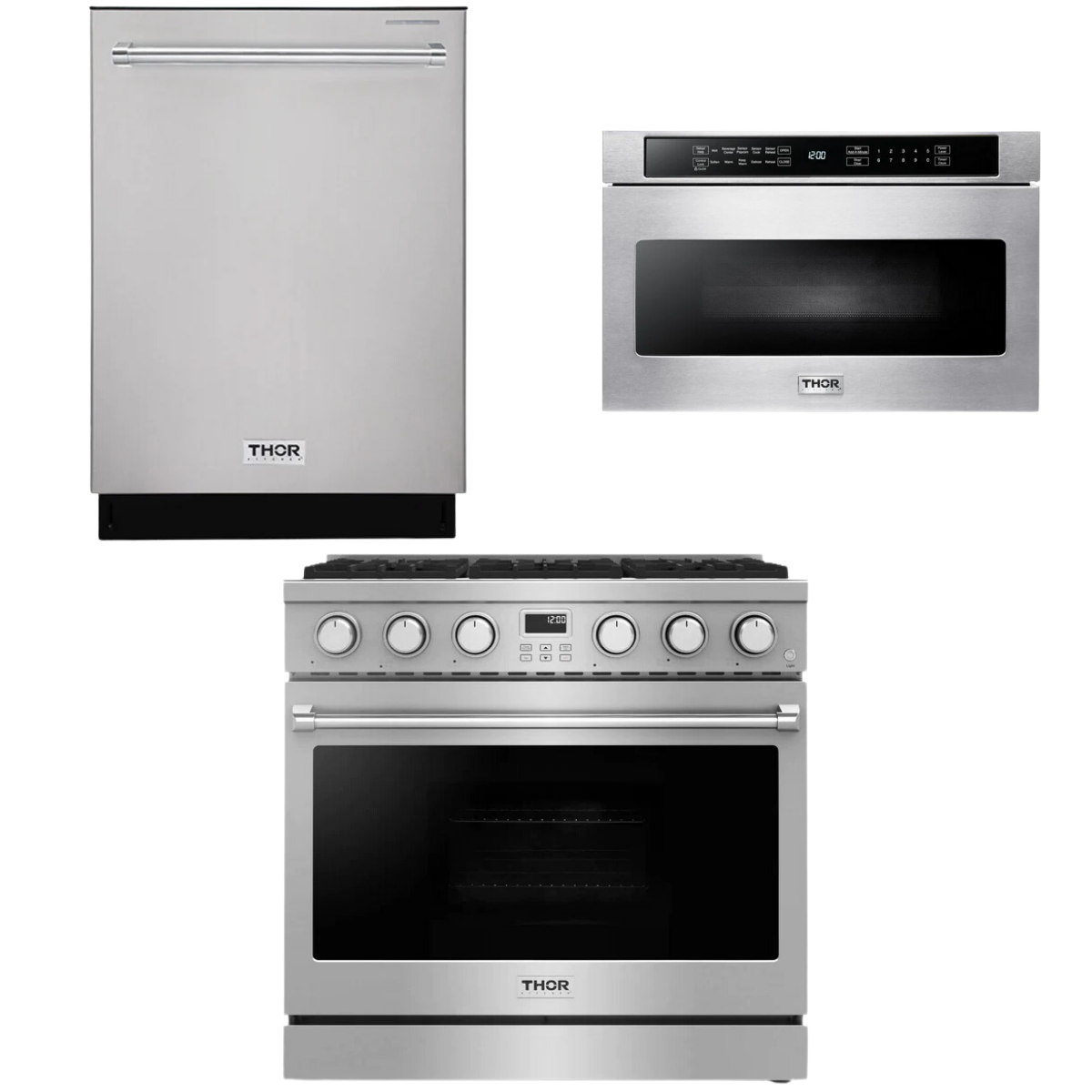 THOR Contemporary Package - 36" Gas Range, Dishwasher and Microwave, AP-ARG36-A30