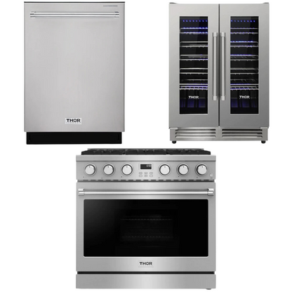 THOR Contemporary Package - 36" Gas Range, Dishwasher and Wine Cooler, AP-ARG36-A33