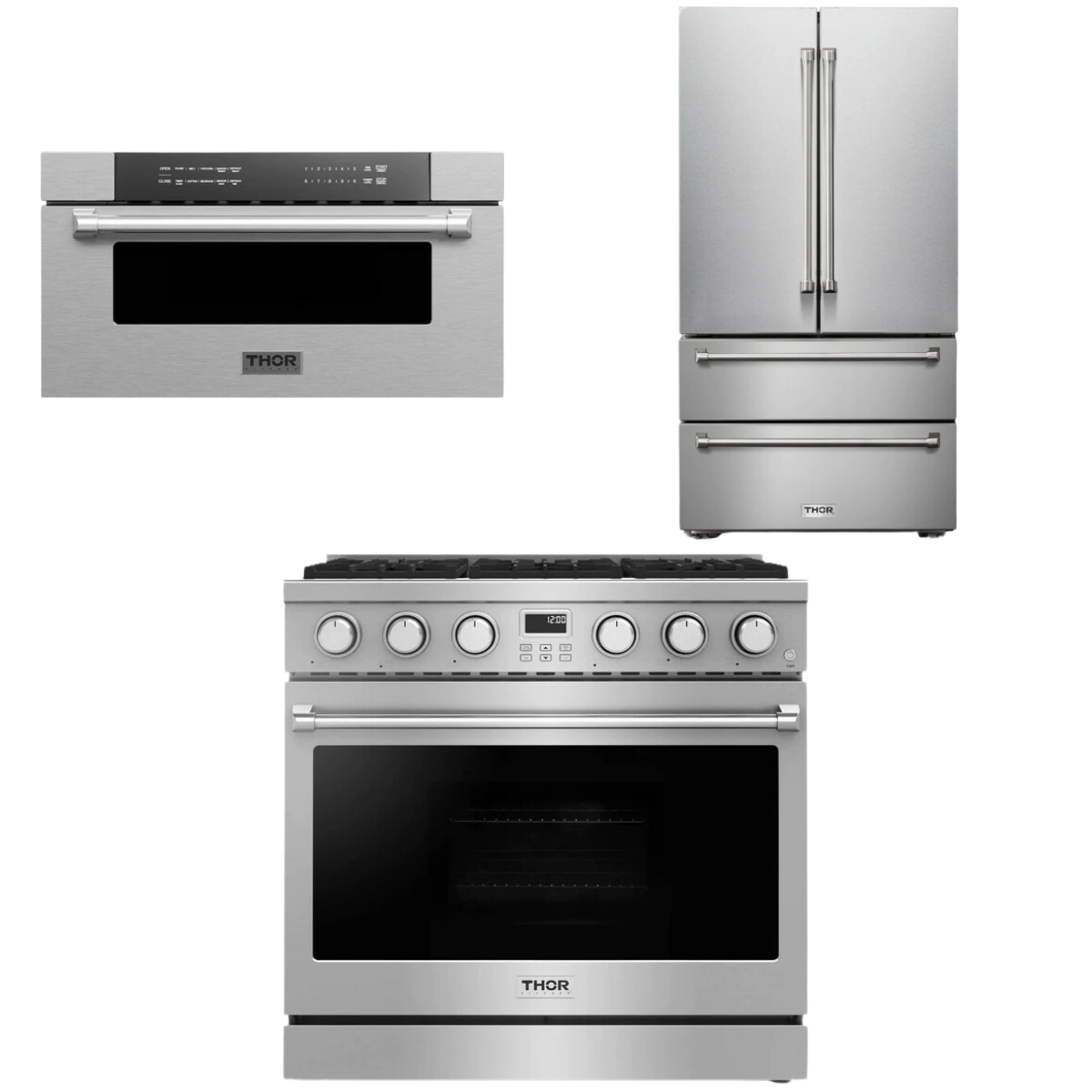 THOR Contemporary Package - 36" Gas Range, Refrigerator and Microwave, AP-ARG36-A35