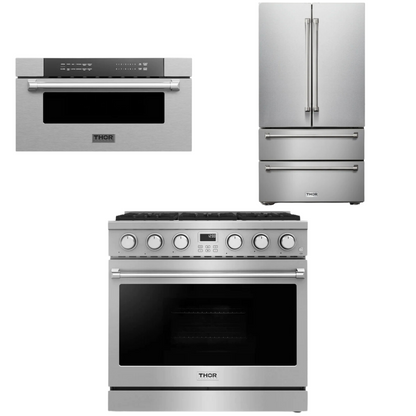 THOR Contemporary Package - 36" Gas Range, Refrigerator and Microwave, AP-ARG36-A35